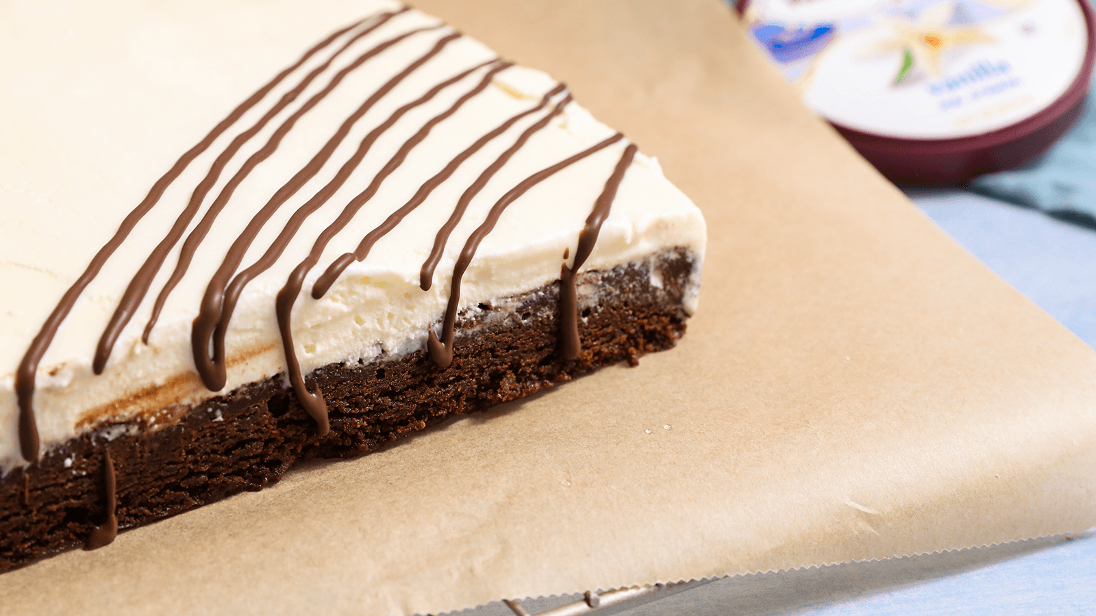 chocolate icing on vanilla ice cream brownie bar