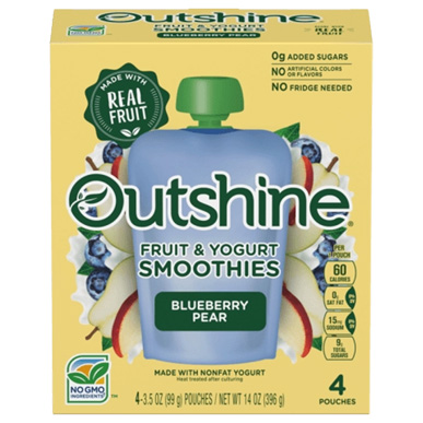 package of Outshine blueberry and pear smoothies