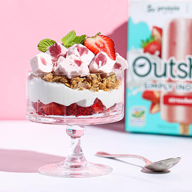 Outshine strawberry protein parfait in a glass