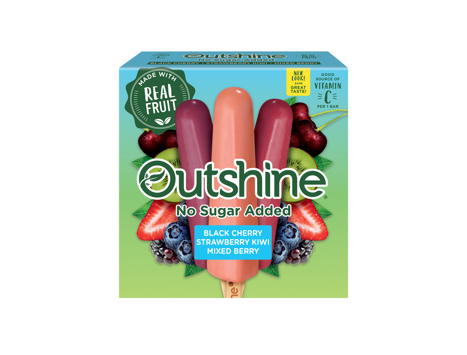 Box of Outshine black cherry, strawberry kiwi and mixed berry no sugar added fruit pops