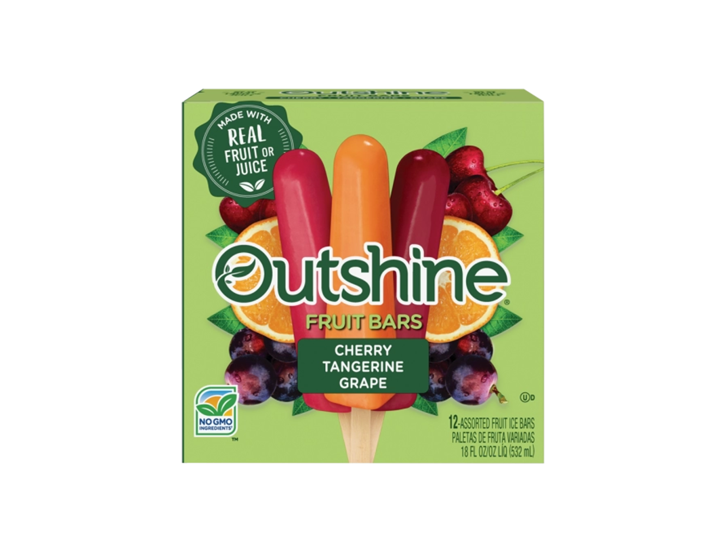 Box of Outshine cherry, tangerine and grape fruit pops