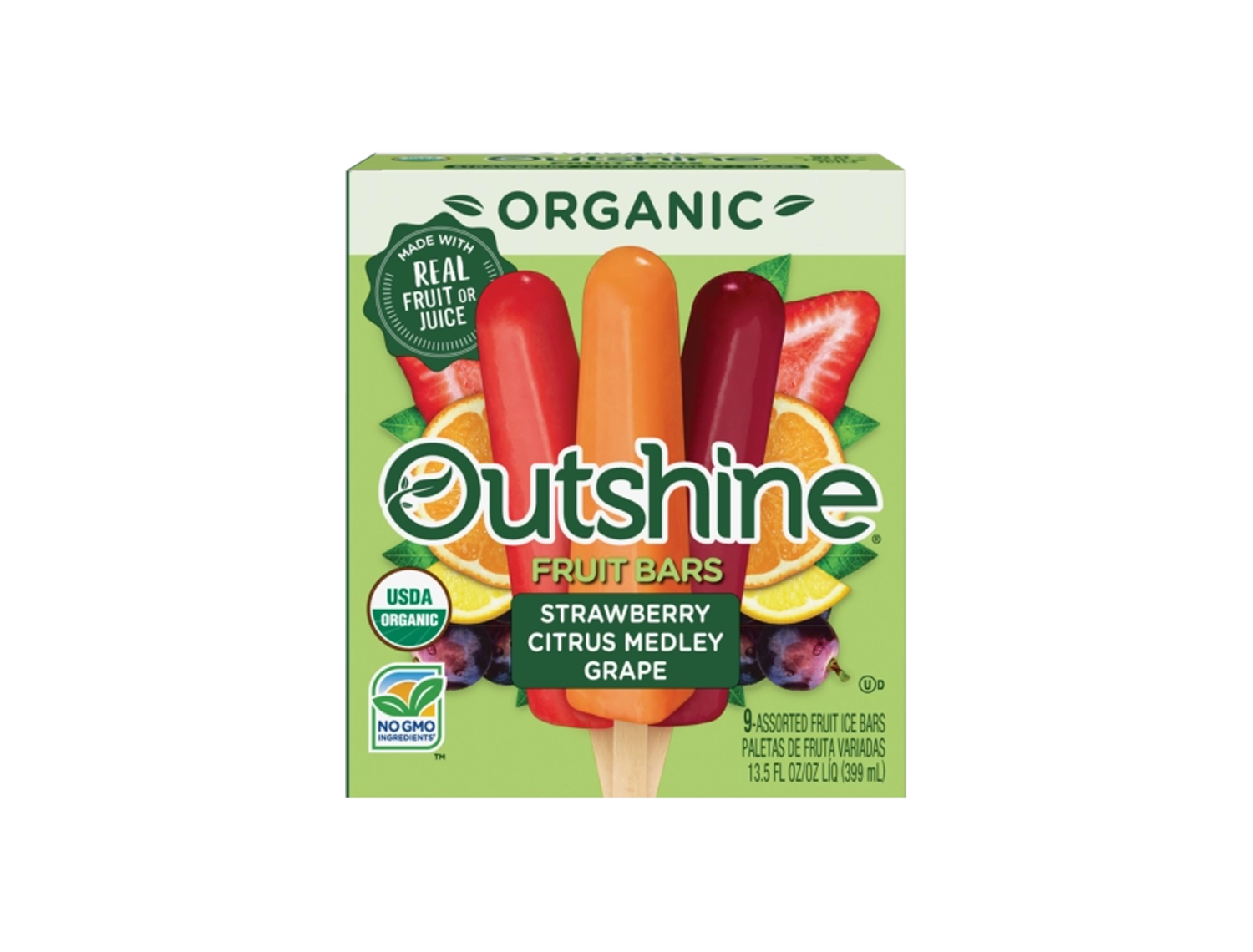 Box of Outshine organic strawberry, citrus medley and grape fruit pops