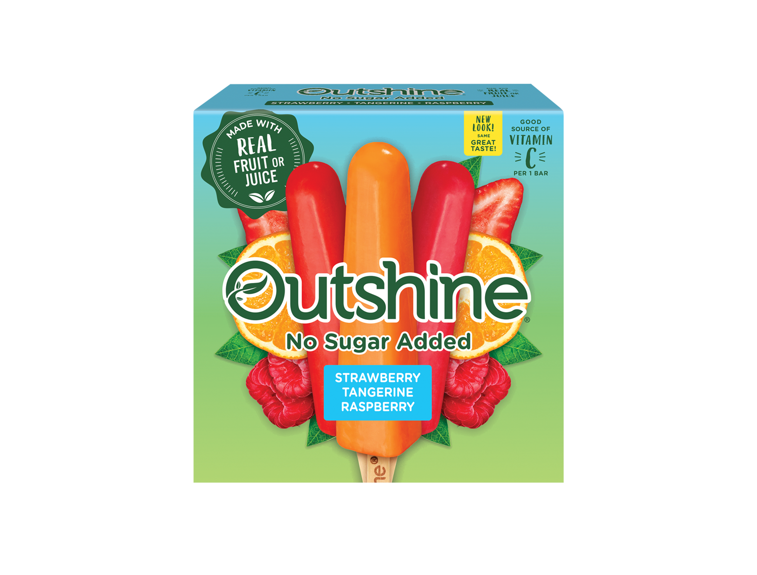 Box of Outshine strawberry, tangerine and raspberry no sugar added fruit pops