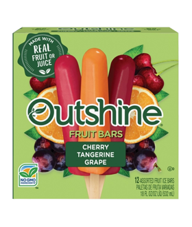 Box of Outshine cherry, tangerine and grape fruit pops