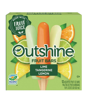 Box of Outshine lime tangerine lemon fruit pops variety pack