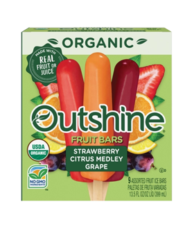 Box of Outshine organic strawberry citrus medley grape fruit pops variety pack