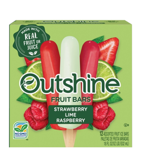 Box of Outshine strawberry, citrus medley and grape fruit pops