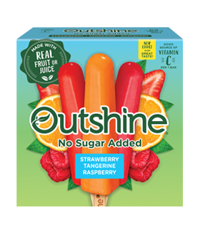 Box of Outshine strawberry, tangerine and raspberry no sugar added fruit pops