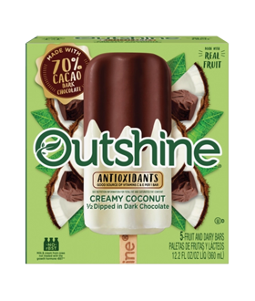 Box of Outshine creamy coconut dipped in chocolate fruit bars