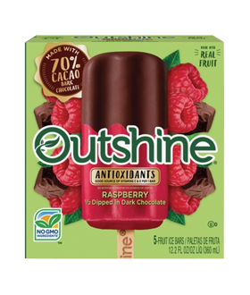 Box of Outshine raspberry dipped in dark chocolate fruit bars