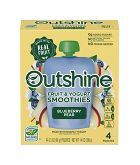 Box of Outshine blueberry pear fruit & yogurt smoothies