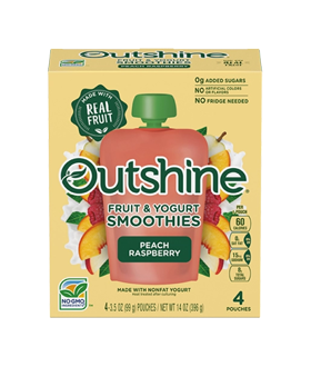 Box of Outshine peach raspberry fruit & yogurt smoothies