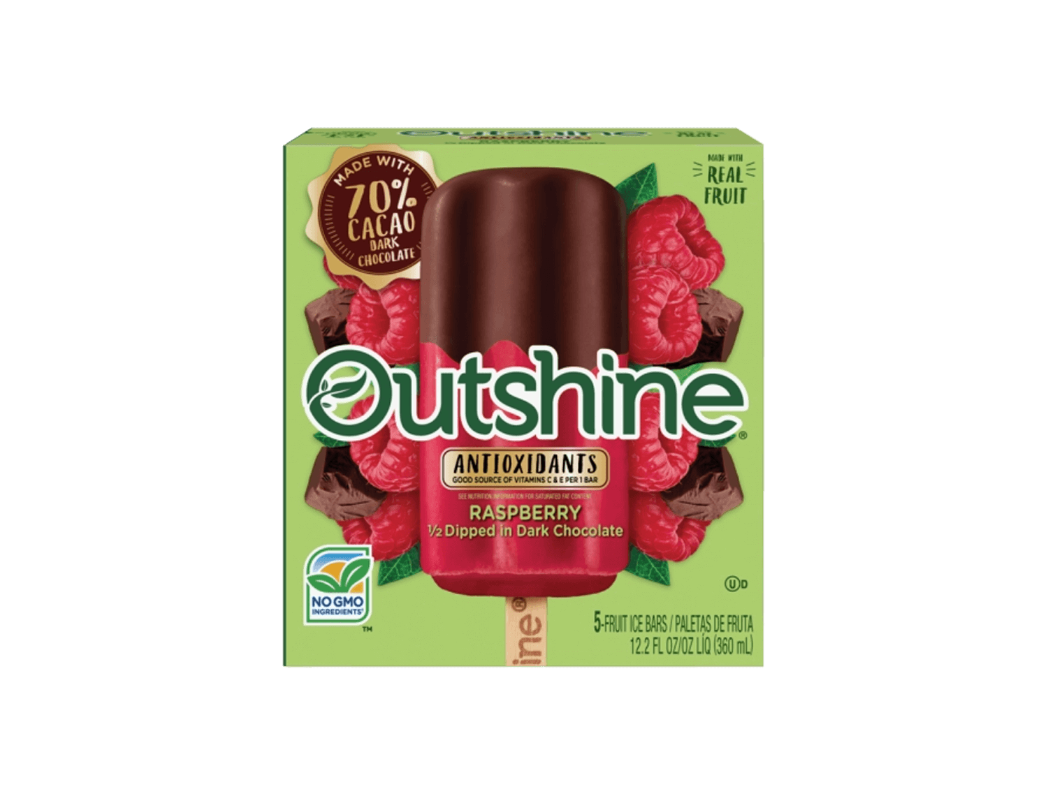 box of Outshine raspberry dark chocolate half dipped fruit bars
