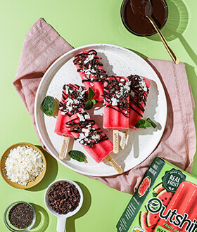 Outshine watermelon fruit bar drizzled with coconut and chocolate