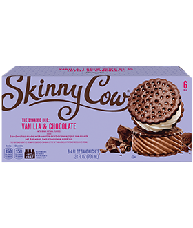 Box of Skinny Cow dynamic duo vanilla and chocolate light ice cream sandwiches