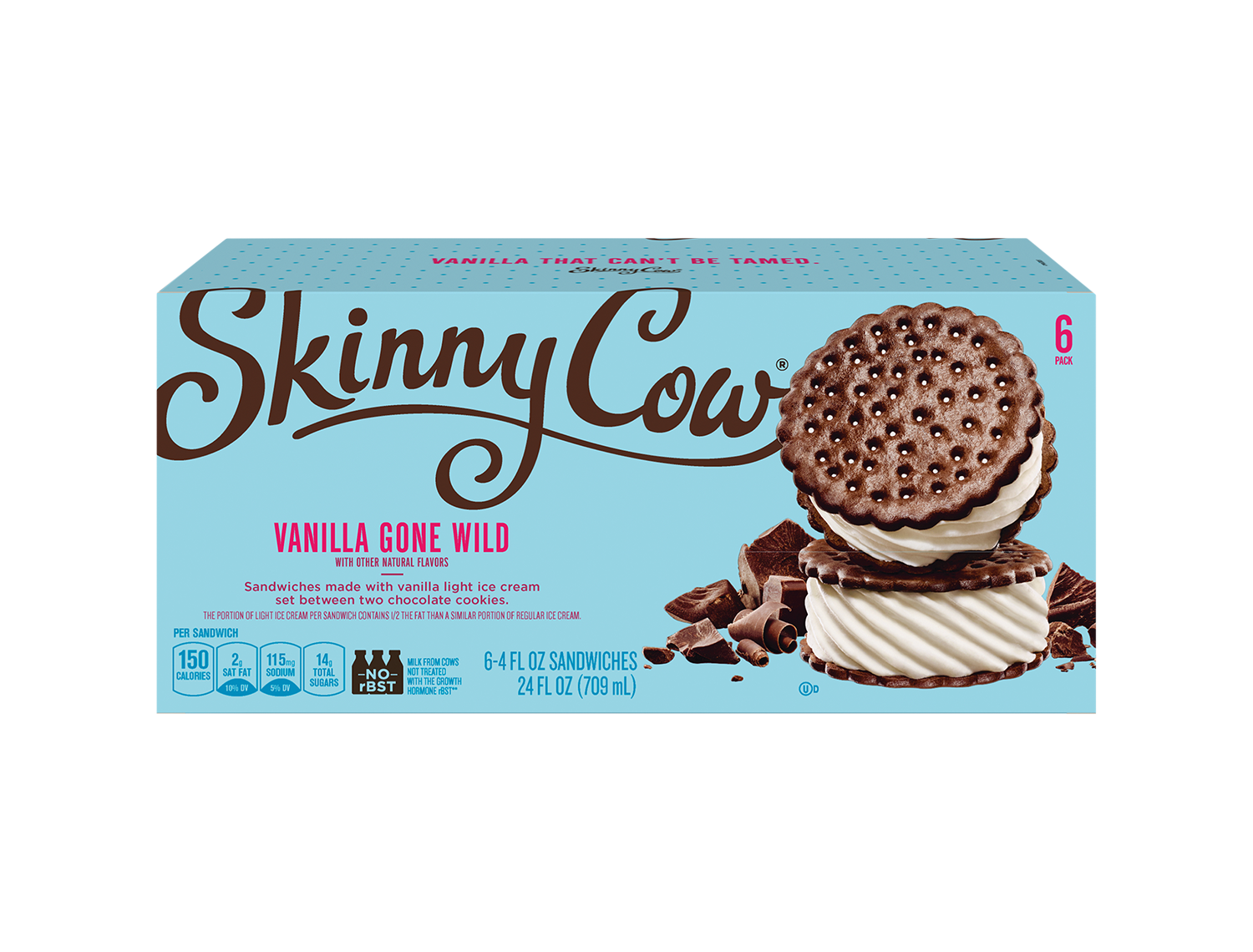 large image of skinny cow ice cream sandwich box chocolate cookie with vanilla filling and chocolate curls