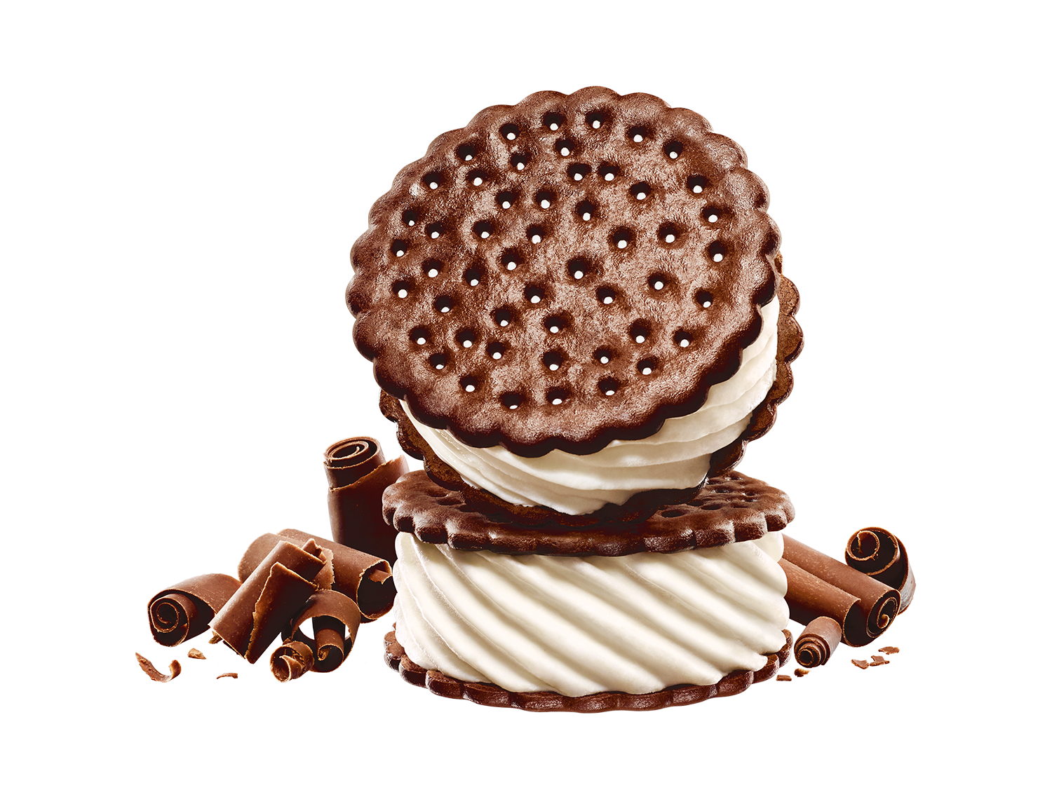 skinny cow ice cream sandwich chocolate cookie with vanilla filling and chocolate curls