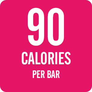 90 calories per bar in white on a bright pink background